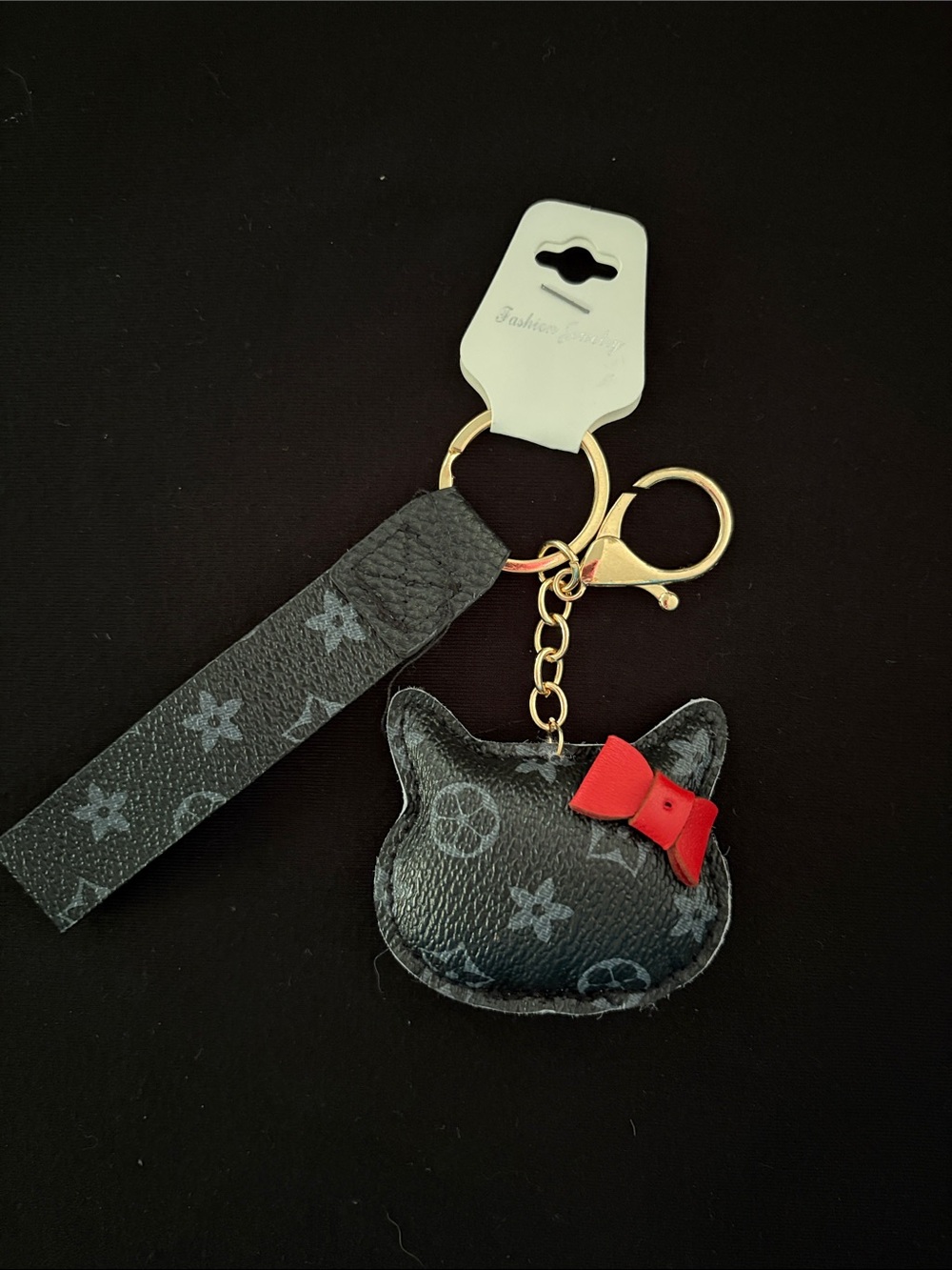 Cute Black Fashion Monogram Hello Kitty Bag Charm Keychain with Red Bow